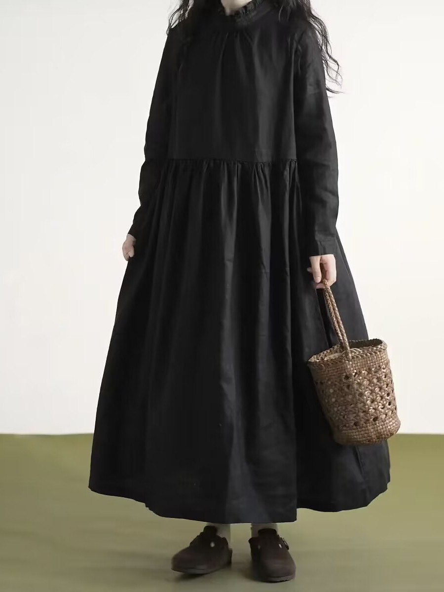 Casual Loose Linen Shirt Dress - فستان كتان أسود بياقة دانتيل وأكمام