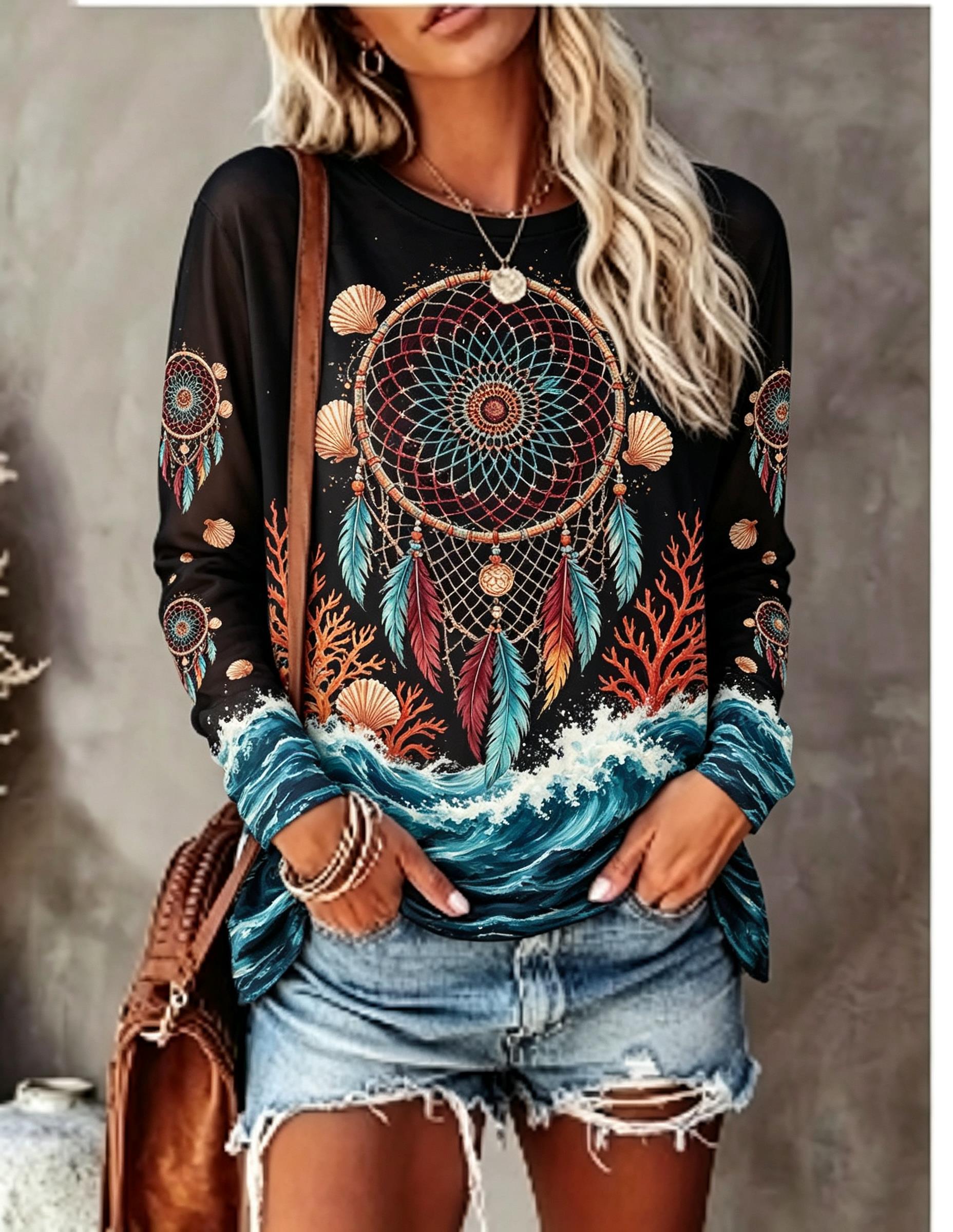 Blouses - تي شيرت نسائي بأكمام طويلة وياقة