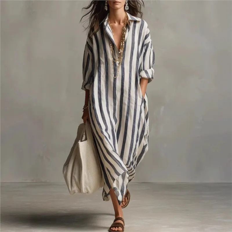Casual Loose Linen Shirt Dress - فساتين كتان أنيقة ذات ياقة مقلوبة،