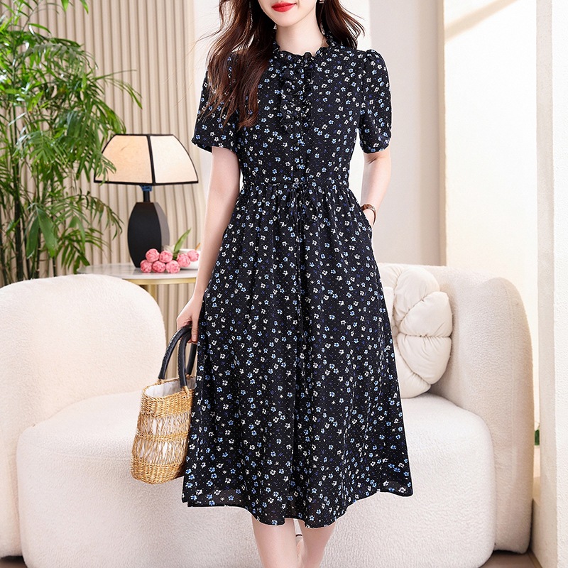 French Vintage Floral Midi Dress - فستان ميدي كلاسيكي أزرق كحلي بطبعة