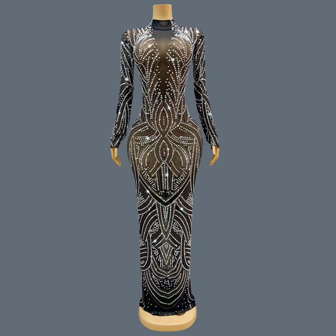 Sparkly Rhinestone Club Party Dress - فستان سهرة أسود جديد بتصميم أنيق