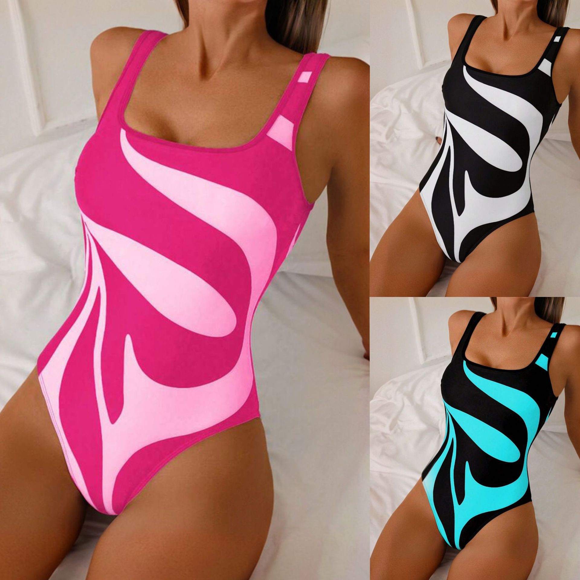 Swimwear - ملابس سباحة نسائية تانكيني بطباعة تجريدية،