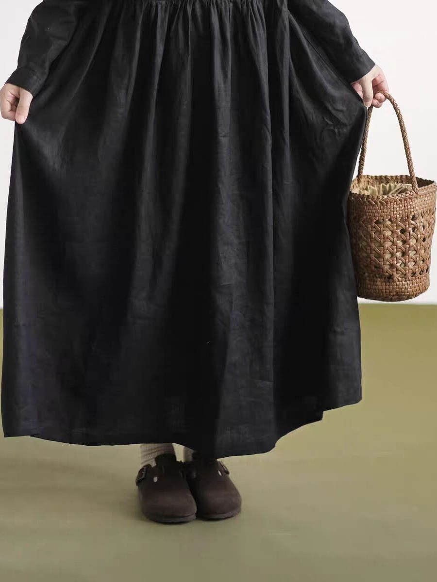 فستان كتان أسود بياقة دانتيل و - مراجعة Casual Loose Linen Shirt Dress وسعره